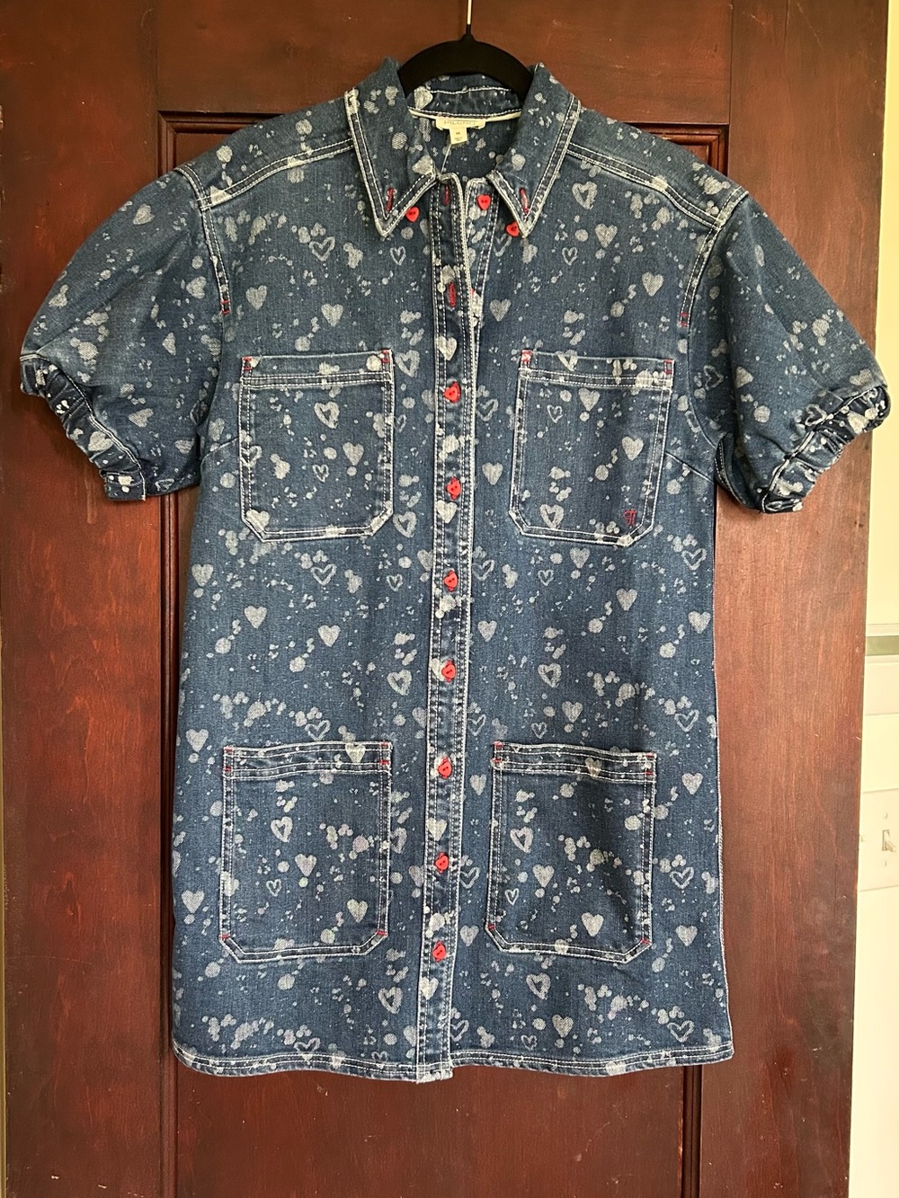 Pilcro Denim Shirt Dress with Heart Print and Red Buttons
